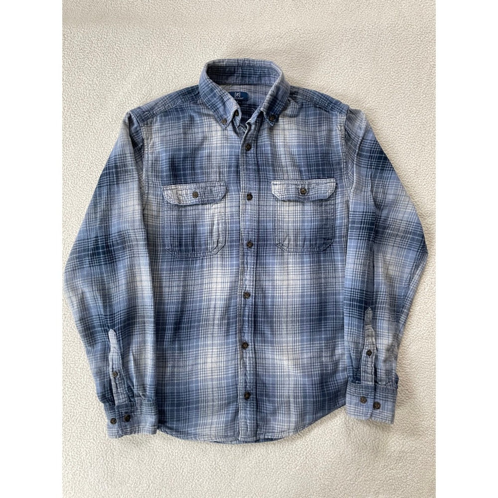 George Mens Small Button Down Shirt Blue Plaid Long Sleeve Flap Pockets
